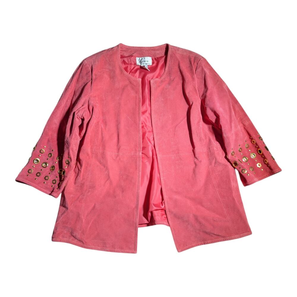 Vtg Y2K Linea by Louis Dell'Olio Pink Suede Grommet Detail Open Front Jacket XL